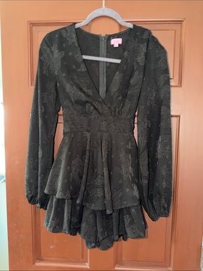Mi Ami Black Floral Jacquard Peplum Romper